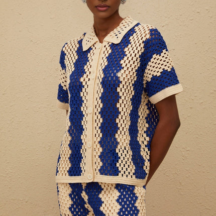 Abigail Blue Crochet Knit Shirt Trousers Set