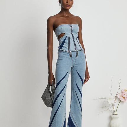 Abigail Blue Denim Top and Jeans Blocked Off The Shoulder