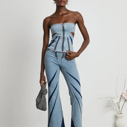Abigail Blue Denim Top and Jeans Blocked Off The Shoulder