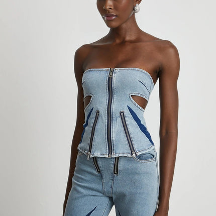 Abigail Blue Denim Top and Jeans Blocked Off The Shoulder