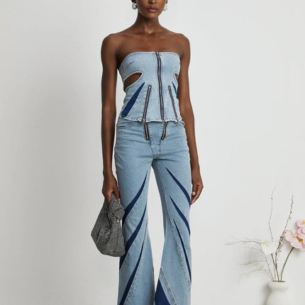 Abigail Blue Denim Top Jeans Blocked Off The Shoulder