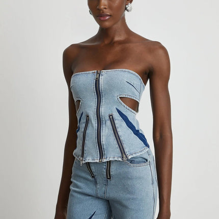 Abigail Blue Denim Top & Jeans Blocked Off The Shoulder