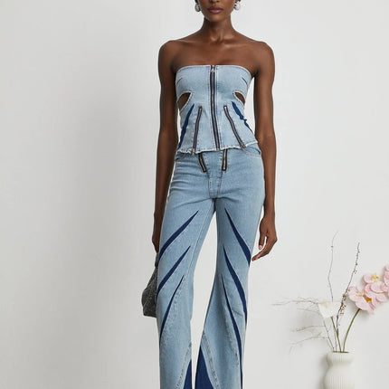 Abigail Blue Denim Top and Jeans Blocked Off The Shoulder