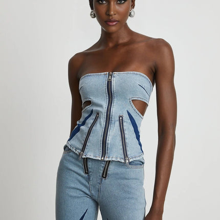 Abigail Blue Denim Top and Jeans Blocked Off The Shoulder
