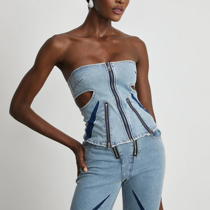 Abigail Blue Denim Top Jeans Off The Shoulder Color Blocked Set