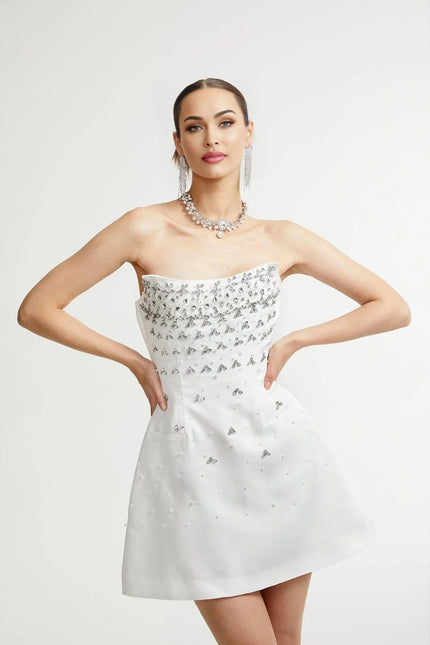 Abigail White Off Shoulder Chic Mini Dress with Pearls and Crystals