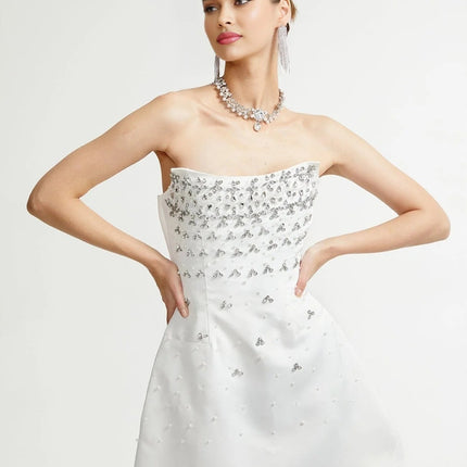 Abigail White Off Shoulder Chic Mini Dress with Pearls and Crystals