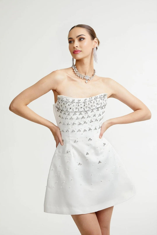 Abigail White Off Shoulder Chic Mini Dress with Pearls and Crystals