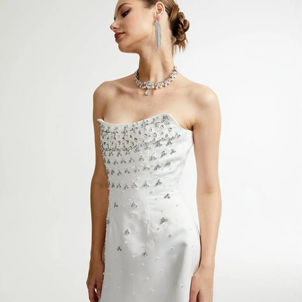 Abigail White Off Shoulder Chic Mini Dress with Pearls and Crystals