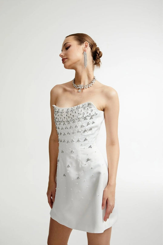 Abigail White Off Shoulder Chic Mini Dress with Pearls and Crystals