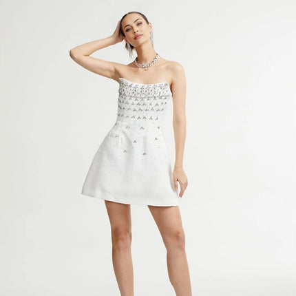Abigail White Off Shoulder Chic Mini Dress with Pearls and Crystals