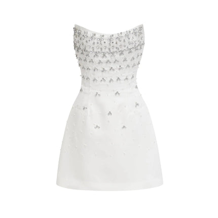 Abigail White Off Shoulder Chic Mini Dress with Pearls and Crystals