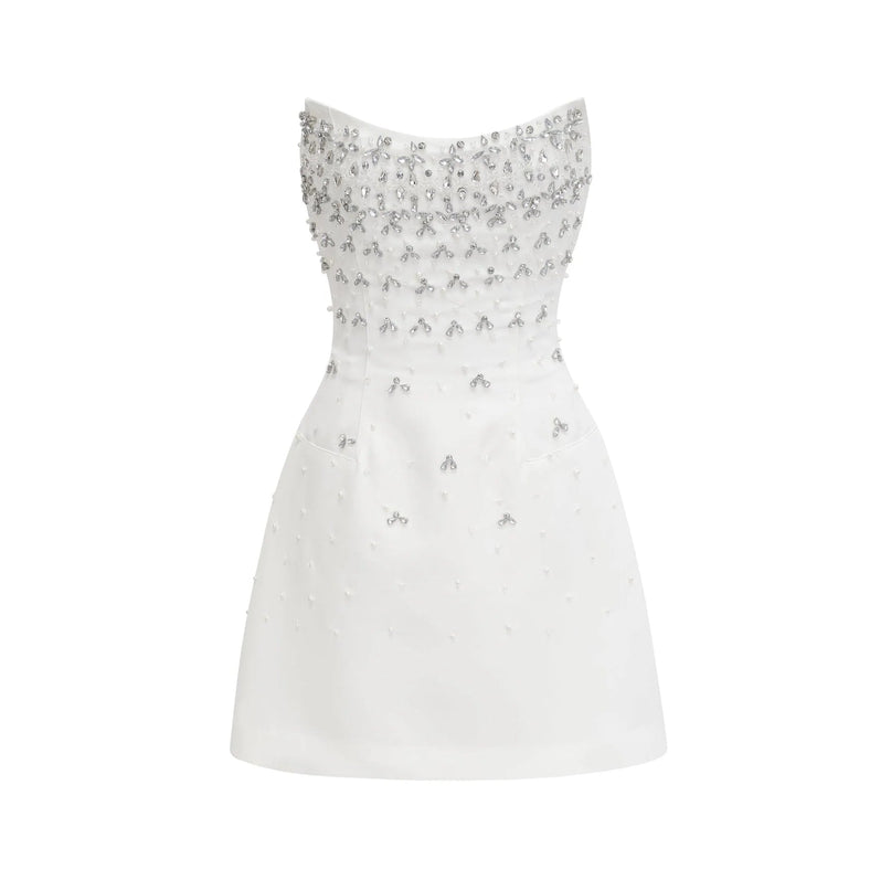 Abigail White Off Shoulder Chic Mini Dress with Pearls and Crystals