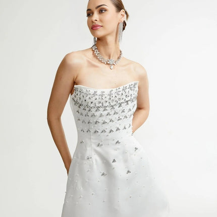 Abigail White Off Shoulder Chic Mini Dress Embellished with Pearls and Crystals