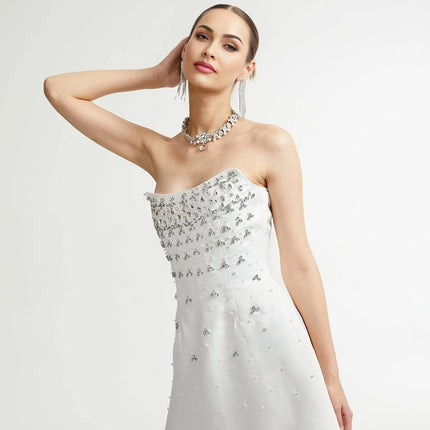Abigail White Off Shoulder Chic Mini Dress with Pearls and Crystals