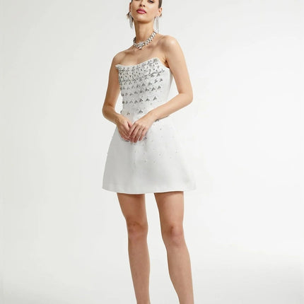 Abigail White Off Shoulder Chic Mini Dress with Pearls and Crystals