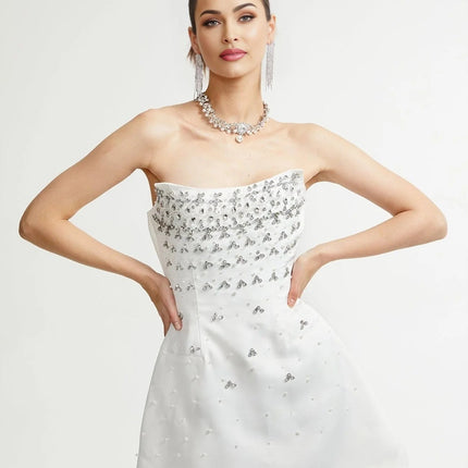 Abigail White Off Shoulder Chic Mini Dress with Pearls and Crystals