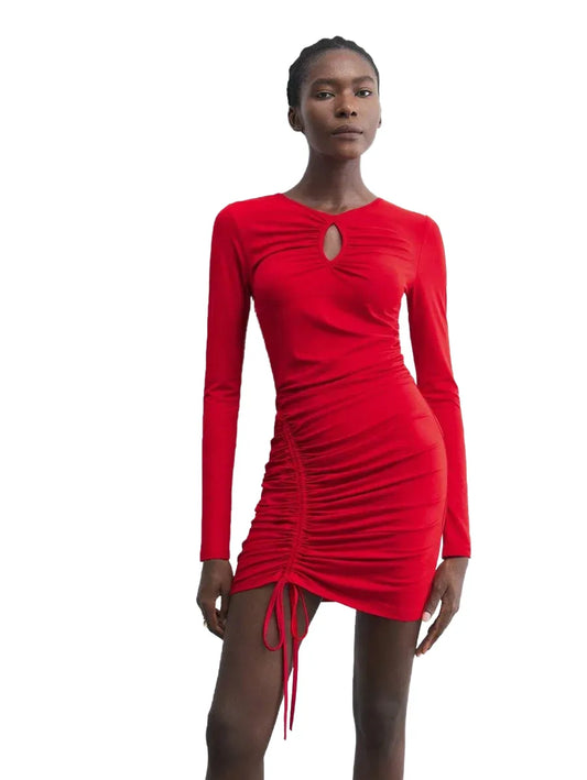 Lorelai Short Dress with Ruched Detail and Long Sleeves in Red - modified image