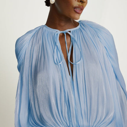 Adalgisa Blue Twist Design Mini Dress with Shoulder Pads Ruffled Hem Glitter Detailing Long Buttoned-Cuff Sleeves Neck Tie Fastening Draped Design Pleated Finish Rear Button Fastening Side Zip Closure