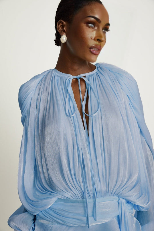 Adalgisa Blue Twist Design Mini Dress with Shoulder Pads Ruffled Hem Glitter Detailing Long Buttoned-Cuff Sleeves Neck Tie Fastening Draped Design Pleated Finish Rear Button Fastening Side Zip Closure