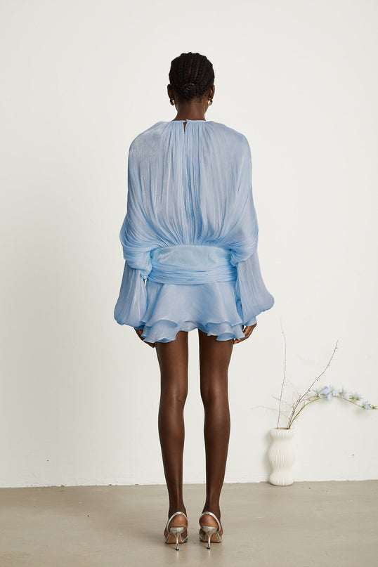 Adalgisa Blue Twist Mini Dress with Ruffled Hem and Glitter Detailing
