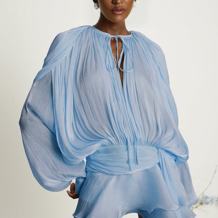 Adalgisa Blue Twist Mini Dress with Shoulder Pads Ruffled Hem Glitter Detailing Long Buttoned-Cuff Sleeves Neck Tie Fastening Draped Design Pleated Finish Rear Button Fastening Side Zip Closure