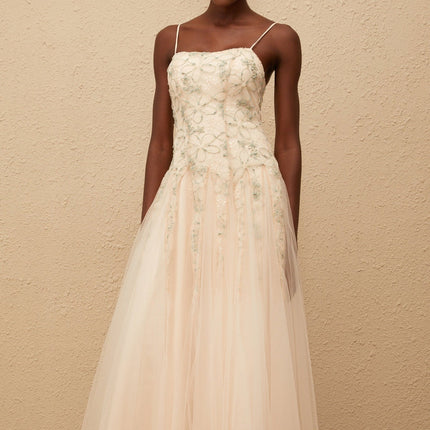 Adalgisa Green Floral Embroidered Tulle Sequin Glam Maxi Dress