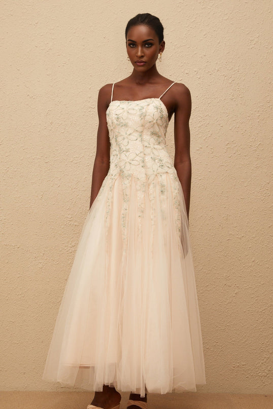 Adalgisa Green Floral Embroidered Tulle Sequin Glam Maxi Dress