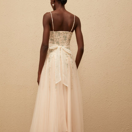 Adalgisa Green Floral Embroidered Tulle Sequin Glam Maxi Dress