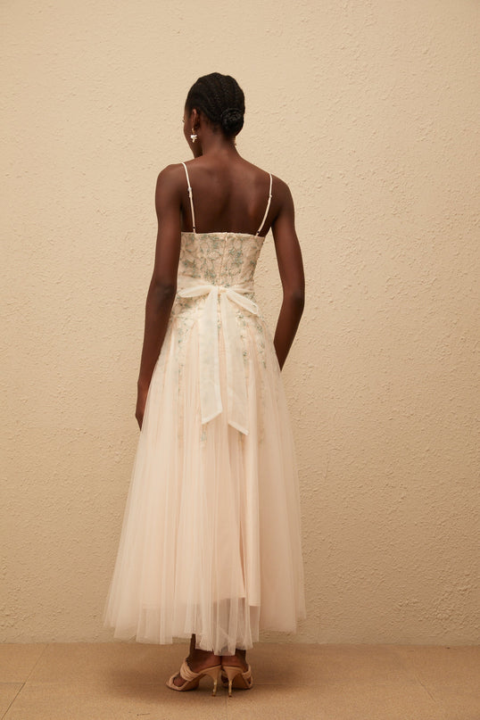 Adalgisa Green Floral Embroidered Tulle Sequin Glam Maxi Dress