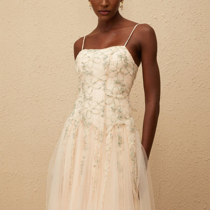 Adalgisa Green Floral Embroidered Tulle Sequin Glam Maxi Dress