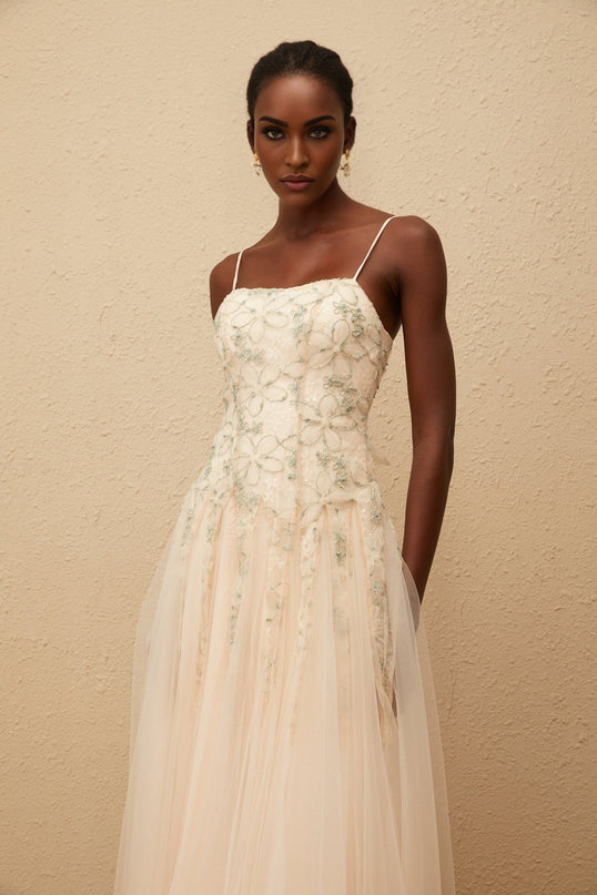 Adalgisa Green Floral Embroidered Tulle Sequin Glam Maxi Dress