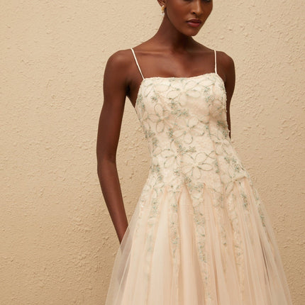 Adalgisa Green Floral Embroidered Tulle Sequin Glam Maxi Dress