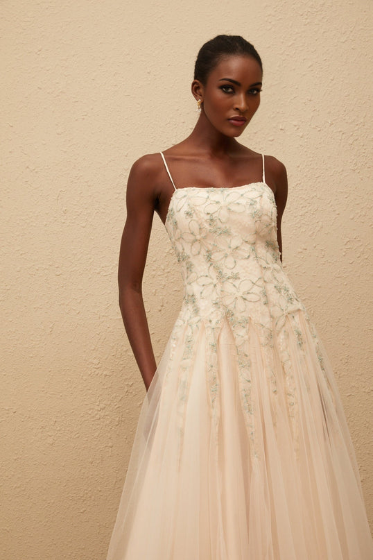 Adalgisa Green Floral Embroidered Tulle Sequin Glam Maxi Dress