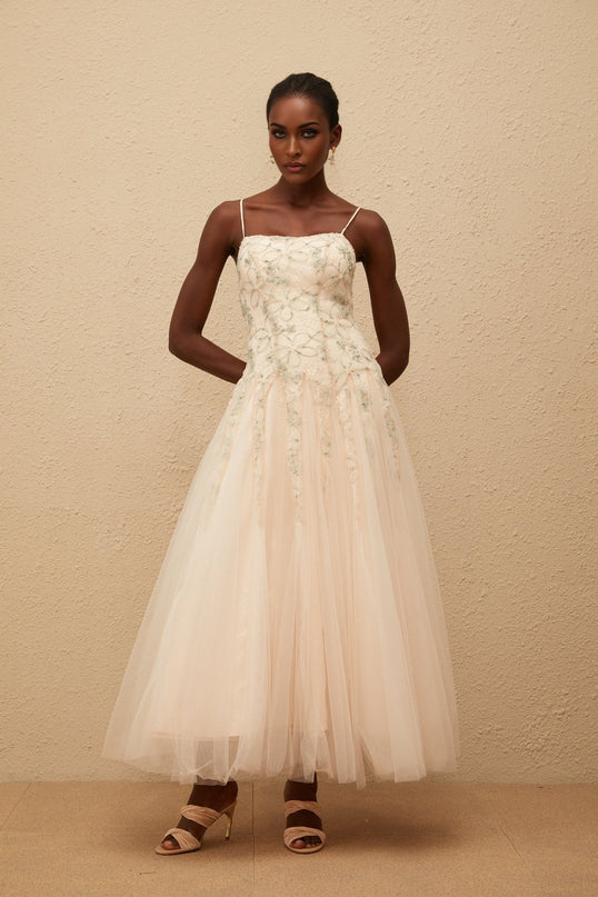 Adalgisa Green Floral Embroidered Tulle Sequin Maxi Dress