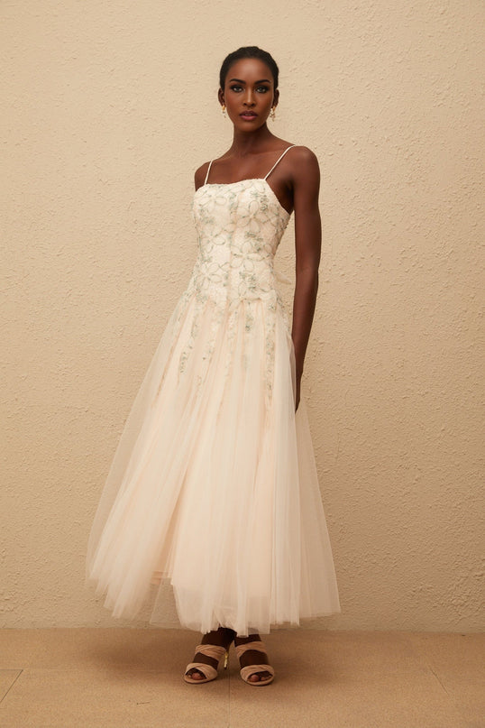 Adalgisa Green Floral Embroidered Tulle Sequin Maxi Dress