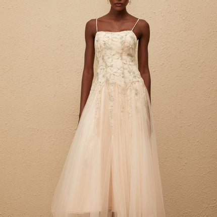 Adalgisa Green Floral Embroidered Tulle Sequin Maxi Dress