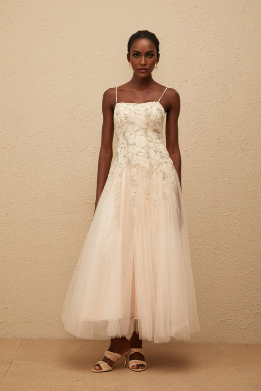 Adalgisa Green Floral Embroidered Tulle Sequin Maxi Dress