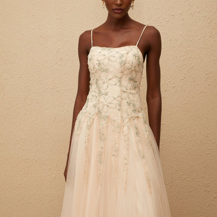 Adalgisa Green Floral Embroidered Tulle Sequin Maxi Dress