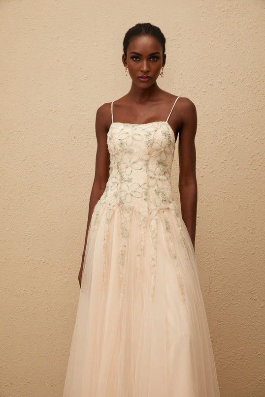 Adalgisa Green Floral Embroidered Tulle Sequin Maxi Dress