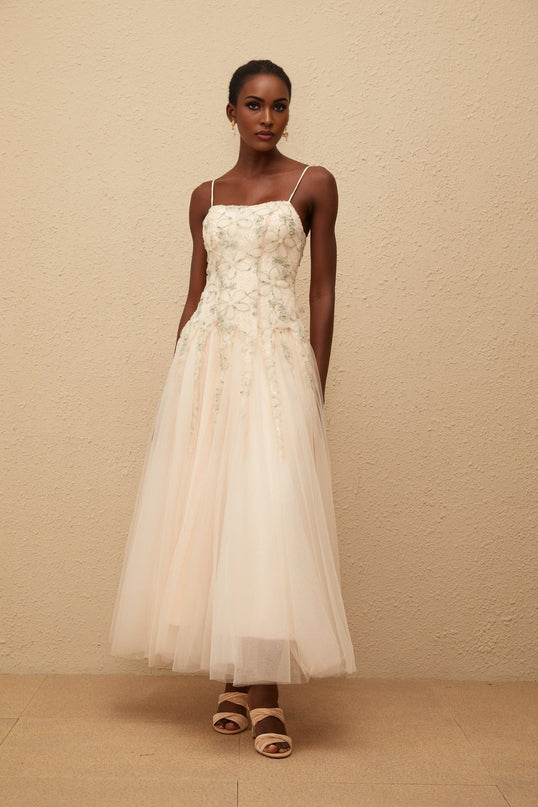 Adalgisa Green Floral Embroidered Tulle Sequin Maxi Dress