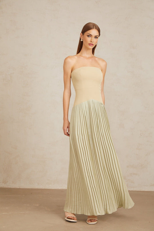 Adalgisa Green Maxi Dress with Pleated Corset Detailing and Off-Shoulder Silhouette