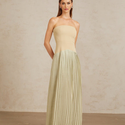 Adalgisa Maxi Dress in Green with Pleated Corset Detailing and Off-Shoulder Silhouette