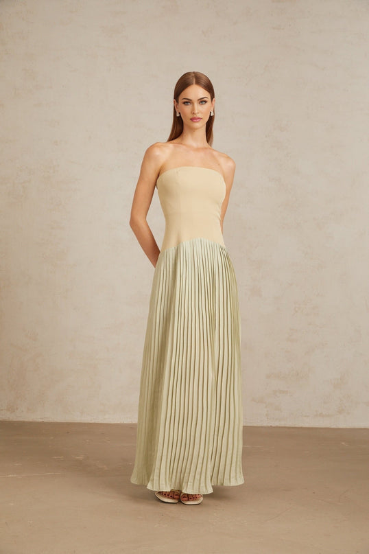 Adalgisa Maxi Dress in Green with Pleated Corset Detailing and Off-Shoulder Silhouette