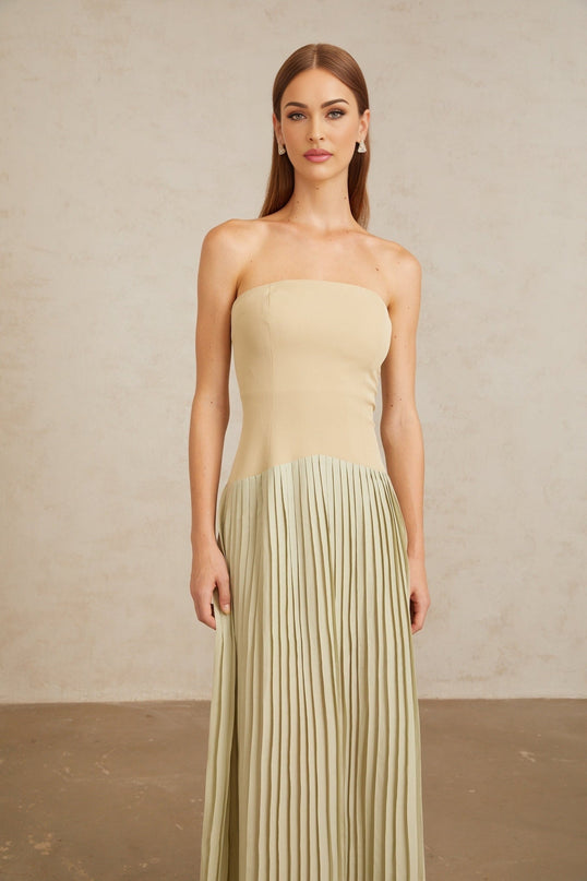 Adalgisa Maxi Dress in Green with Pleated Corset Detailing and Off-Shoulder Silhouette