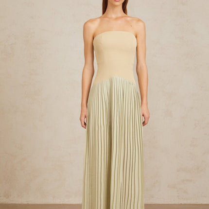 Adalgisa Maxi Dress in Green pleated corset off-shoulder silhouette built-in cups bra fitted waistline corset-style bodice exquisite pleated design rear zip fastening 100% Terylene fiber