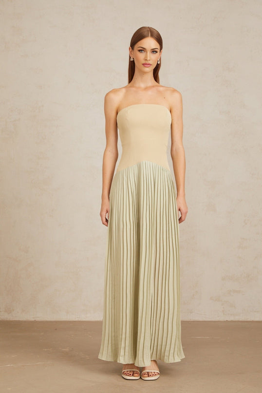 Adalgisa Maxi Dress in Green pleated corset off-shoulder silhouette built-in cups bra fitted waistline corset-style bodice exquisite pleated design rear zip fastening 100% Terylene fiber