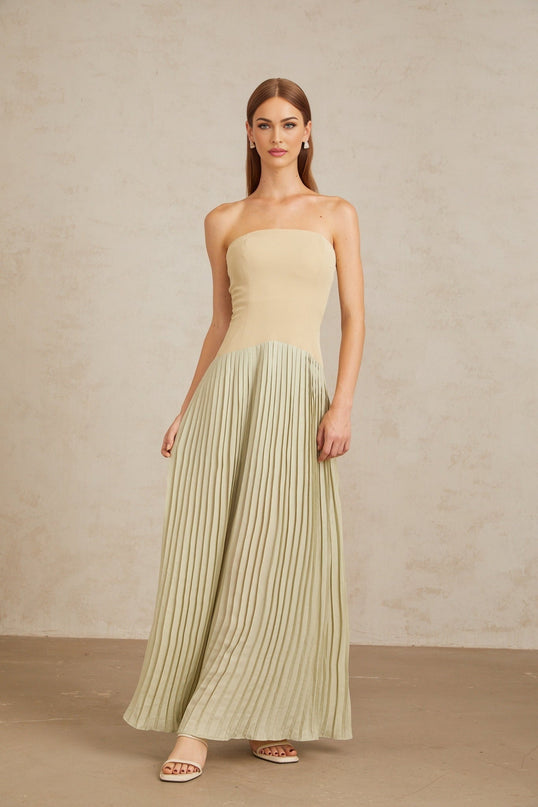 Adalgisa Maxi Dress in Green with Pleated Corset Detailing and Off-Shoulder Silhouette