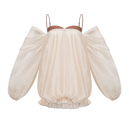 Adalgisa Mini Dress in Neutrals and Brown Tones with Bell Sleeves and Pleated Design
