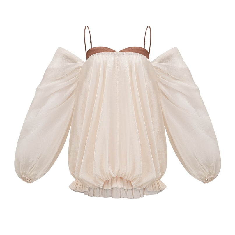Adalgisa Mini Dress in Neutrals and Brown Tones with Bell Sleeves and Pleated Design